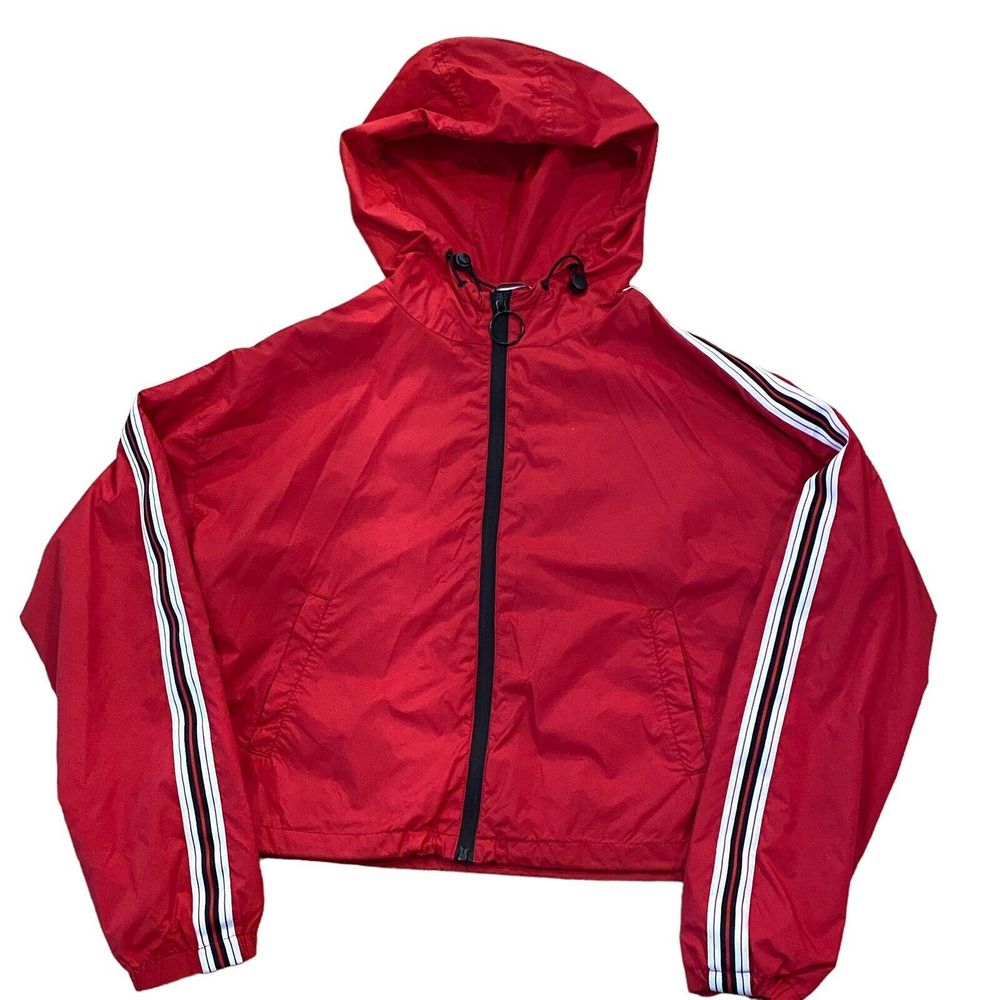 Women's GARAGE Windbreaker Jacket Size Small Red Striped Cropped Full Zip Nylon